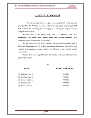 PLC BASED MULTICHANNEL AUTOMATIC LIQUID LEVEL CONTROLLER ELECTRICAL
ENGINEERING
Page9
5
ACKNOWLEDGEMENT
We take this opportunity to express our deep gratitude to the respected
principal Prof. D. P. Nathe and head of department (Electrical Engineering) Prof.
C.Y. Totewar for permitting and encouraging us to take up this project work and
complete it successfully.
We also thank to our project guide Prof. C.Y. Totewar, Prof. M.P.
Deshpande, Prof.Shinde, Prof. Bhanu Bandi and Avinash Dabhade who
initialized and set the movement for our project.
We also thank to all our faculty members teaching and non-teaching staff of
Electrical Department as well as Instrumentation Department who offered their
valuable time, guidance, assistance directly or indirectly to carry out the project
successfully.
We also thank our college library for the valuable books issued by them while
preparing this report.
BY
NAME ENROLLMENT NO.
1) Badgujar Vijay S. 0900003
2) Waghule Sagar N. 0900062
3) Survase Sachin S. 0900056
4) Patil Mohit N. 0900045
5) Narwade Pravin 0910005
 