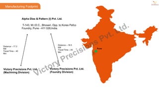 Alpha Dies & Pattern (I) Pvt. Ltd.
T-143, M.I.D.C., Bhosari, Opp. to Kores Pefco
Foundry, Pune - 411 026,India.
Manufacturing Footprint
Victory Precisions Pvt. Ltd.
(Machining Division)
Victory Precisions Pvt. Ltd.
(Foundry Division)
Distance – 17.3
KM
Travel Time – 40
Min
Distance – 18.5
KM
Travel Time – 45
Min
Pune
Victory Precisions Pvt. Ltd.
 