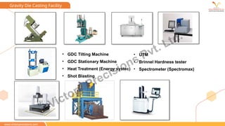 Gravity Die Casting Facility
• GDC Tilting Machine
• GDC Stationary Machine
• Heat Treatment (Energy systec)
• Shot Blasting
• UTM
• Brinnel Hardness tester
• Spectrometer (Spectromax)
www.victoryprecisions.com
Victory Precisions Pvt. Ltd.
 