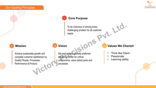 Achieve sustainable growth and
complete customer satisfaction by
Quality People, Processes,
Performance & Product.
Vision
We want to be a globally preferred
solution provider for critical
components, value added parts and
processes.
Mission
• Think like Client
• Passionate
• Learning ability
Values We Cherish
3 4
www.victoryprecisions.com
To be victorious in solving every
challenging problem for all customer
needs
Core Purpose
1
2
Our Guiding Principles
Victory Precisions Pvt. Ltd.
 