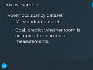 Lens by example
Room occupancy dataset
• ML standard dataset
• Goal: predict whether room is
occupied from ambient
measurements.
 
