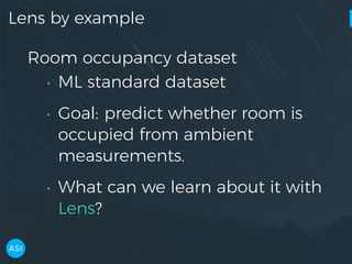 Lens by example
Room occupancy dataset
• ML standard dataset
• Goal: predict whether room is
occupied from ambient
measurements.
• What can we learn about it with
Lens?
 