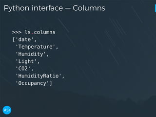 Python interface — Columns
>>> ls.columns
['date',
'Temperature',
'Humidity',
'Light',
'CO2',
'HumidityRatio',
'Occupancy']
 