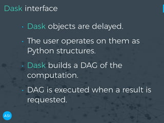 Dask interface
• Dask objects are delayed.
• The user operates on them as
Python structures.
• Dask builds a DAG of the
computation.
• DAG is executed when a result is
requested.
 