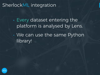 SherlockML integration
• Every dataset entering the
platform is analysed by Lens.
• We can use the same Python
library!
 