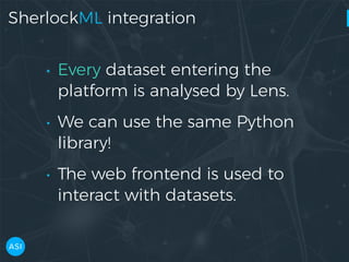 SherlockML integration
• Every dataset entering the
platform is analysed by Lens.
• We can use the same Python
library!
• The web frontend is used to
interact with datasets.
 
