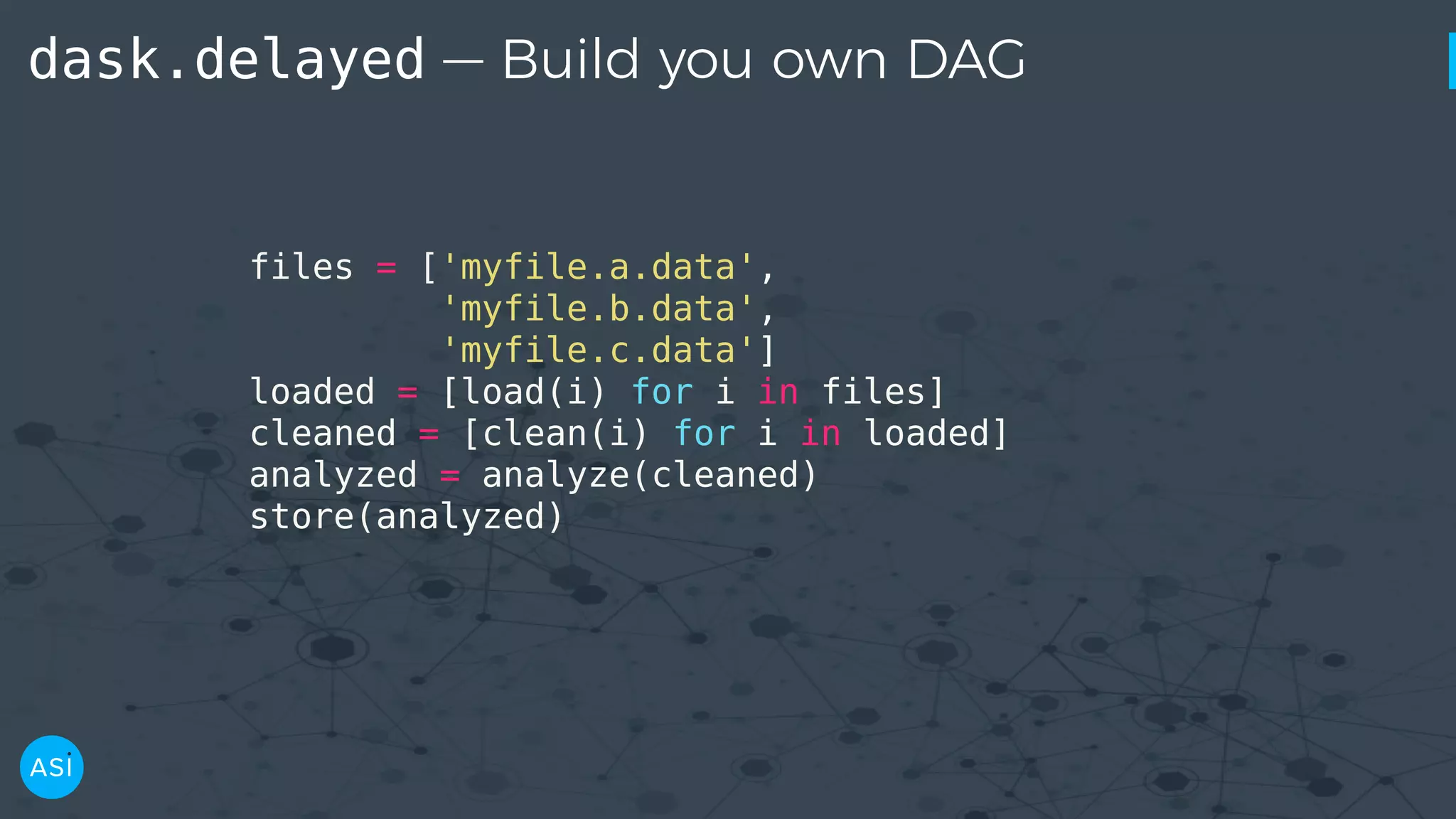 dask.delayed — Build you own DAG files = ['myfile.a.data', 'myfile.b.data', 'myfile.c.data'] loaded = [load(i) for i in files] cleaned = [clean(i) for i in loaded] analyzed = analyze(cleaned) store(analyzed) 