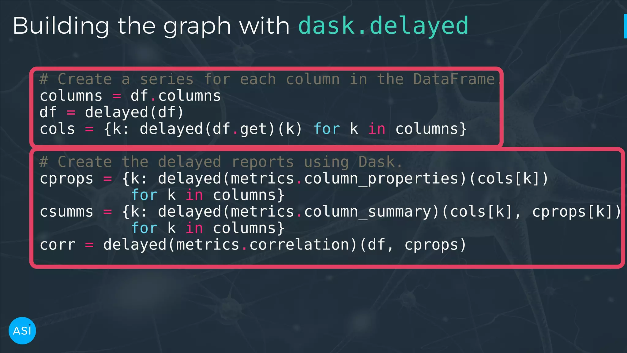 Building the graph with dask.delayed # Create a series for each column in the DataFrame. columns = df.columns df = delayed(df) cols = {k: delayed(df.get)(k) for k in columns} # Create the delayed reports using Dask. cprops = {k: delayed(metrics.column_properties)(cols[k]) for k in columns} csumms = {k: delayed(metrics.column_summary)(cols[k], cprops[k]) for k in columns} corr = delayed(metrics.correlation)(df, cprops) 
