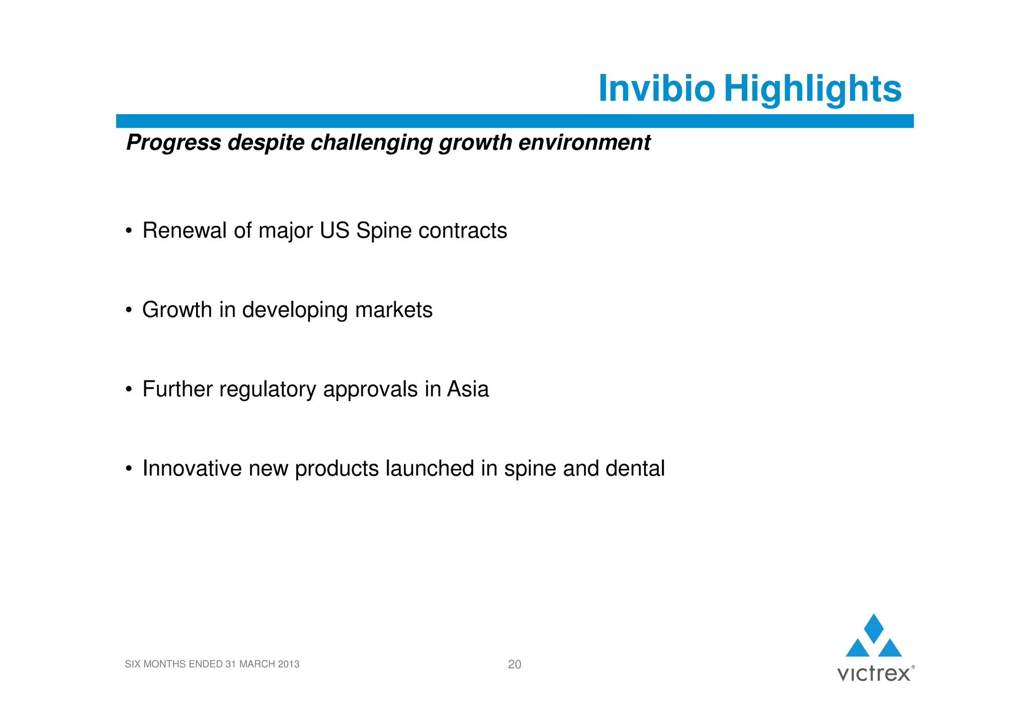 Invibio Highlights
Progress despite challenging growth environment

• Renewal of major US Spine contracts

• Growth in developing markets

• Further regulatory approvals in Asia

• Innovative new products launched in spine and dental

SIX MONTHS ENDED 31 MARCH 2013

20

 