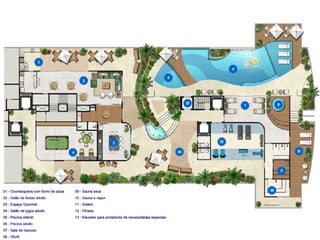 01 - Churrasqueira com forno de pizza 02 - Salão de festas adulto 03 - Espaço Gourmet 04 - Salão de jogos adulto 05 - Piscina infantil 06 - Piscina adulto 07 - Sala de repouso 08 - Ofurô 09 - Sauna seca 10 - Sauna a vapor 11 - Solário 12 - Fitness 13 - Elevador para portadores de necessidades especiais 