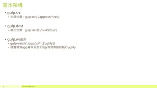 基本架構
• gulp.src
• 來源位置：gulp.src('./app/css/*.css')
• gulp.dest
• 輸出位置: gulp.dest('./build/css/')
• gulp.watch
• gulp.watch('./app/js/**',['uglify'])
• 建置環境app資料夾底下的js有做異動就執行uglify
請於此處放置頁尾文字6
 