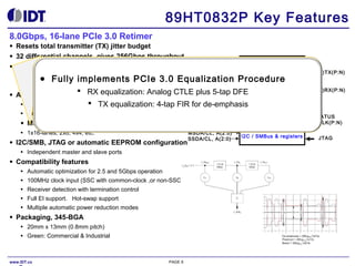 89HT0832P Key Features
8.0Gbps, 16-lane PCIe 3.0 Retimer
●
●
●

Resets total transmitter (TX) jitter budget
32 differential channels, gives 256Gbps throughput
Fully implements PCIe 3.0 Equalization Procedure
RX equalization: Analog CTLE plus 5-tap DFE

●

TX equalization: 4-tap FIR for de-emphasis

●

On-die instrumentation: scope and pattern generator/checker

●

Multiple independent link modes:

●

●

1x16-lanes, 2x8, 4x4, etc.

I2C/SMB, JTAG or automatic EEPROM configuration
Independent master and slave ports

Compatibility features
Automatic optimization for 2.5 and 5Gbps operation

●

100MHz clock input (SSC with common-clock ,or non-SSC)

●

Receiver detection with termination control

●

Full EI support. Hot-swap support

●

Multiple automatic power reduction modes

Packaging, 345-BGA
●

20mm x 13mm (0.8mm pitch)

●

Green: Commercial & Industrial

www.IDT.co

Presets
RSTB

●

●

EQ

B(0:15)TX(P:N)

Advanced features RX equalization: Analog CTLE plus 5-tap DFE
● Automatic timing and signal calibration
 TX equalization: 4-tap FIR for de-emphasis

●

●

A(0:15)RX(P:N)

● Fully implements PCIe 3.0 Equalization Procedure

●

●

Data path

PAGE 6

MSDA/CL, A(2:0)
SSDA/CL, A(2:0)

FIR

serdes

Control logic
I2C / SMBus & registers

A(0:15)TX(P:N)
B(0:15)RX(P:N)

STATUS
GCLK(P:N)
JTAG

 
