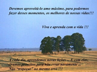 Devemos aproveitá-lo amo máximo, para podermos fazer desses momentos, os melhores de nossas vidas!!! Viva e aprenda com a vida !!! A cada dia, aprendemos novas lições ... E com elas, tiramos proveitos para não errar novamente ... Não “tropeçar” no mesmo erro !!! 