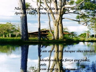 Não importa o tipo de vida que você tenha... Apenas VIVA e tente ser feliz !!! Lute até o fim...busque seus sonhos e ideais com toda força que puder, pois com certeza, alcançará !!! 