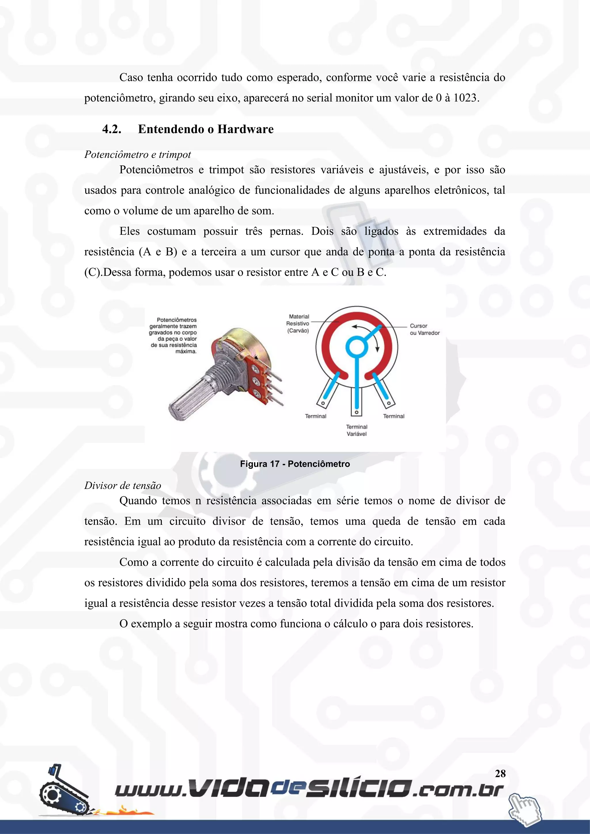 28
Caso tenha ocorrido tudo como esperado, conforme você varie a resistência do
potenciômetro, girando seu eixo, aparecerá no serial monitor um valor de 0 à 1023.
4.2. Entendendo o Hardware
Potenciômetro e trimpot
Potenciômetros e trimpot são resistores variáveis e ajustáveis, e por isso são
usados para controle analógico de funcionalidades de alguns aparelhos eletrônicos, tal
como o volume de um aparelho de som.
Eles costumam possuir três pernas. Dois são ligados às extremidades da
resistência (A e B) e a terceira a um cursor que anda de ponta a ponta da resistência
(C).Dessa forma, podemos usar o resistor entre A e C ou B e C.
Figura 17 - Potenciômetro
Divisor de tensão
Quando temos n resistência associadas em série temos o nome de divisor de
tensão. Em um circuito divisor de tensão, temos uma queda de tensão em cada
resistência igual ao produto da resistência com a corrente do circuito.
Como a corrente do circuito é calculada pela divisão da tensão em cima de todos
os resistores dividido pela soma dos resistores, teremos a tensão em cima de um resistor
igual a resistência desse resistor vezes a tensão total dividida pela soma dos resistores.
O exemplo a seguir mostra como funciona o cálculo o para dois resistores.
 