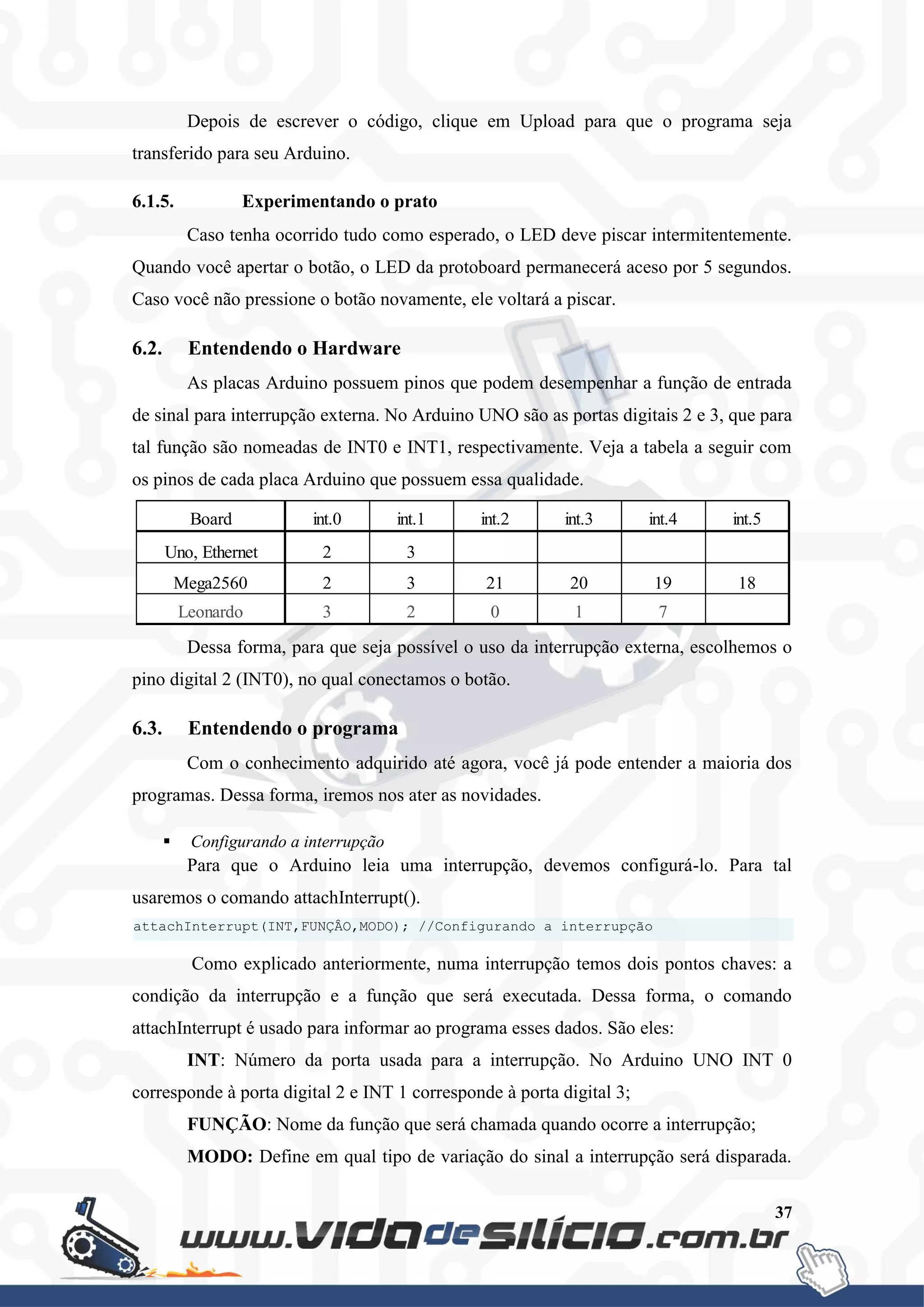 37
Depois de escrever o código, clique em Upload para que o programa seja
transferido para seu Arduino.
6.1.5. Experimentando o prato
Caso tenha ocorrido tudo como esperado, o LED deve piscar intermitentemente.
Quando você apertar o botão, o LED da protoboard permanecerá aceso por 5 segundos.
Caso você não pressione o botão novamente, ele voltará a piscar.
6.2. Entendendo o Hardware
As placas Arduino possuem pinos que podem desempenhar a função de entrada
de sinal para interrupção externa. No Arduino UNO são as portas digitais 2 e 3, que para
tal função são nomeadas de INT0 e INT1, respectivamente. Veja a tabela a seguir com
os pinos de cada placa Arduino que possuem essa qualidade.
Dessa forma, para que seja possível o uso da interrupção externa, escolhemos o
pino digital 2 (INT0), no qual conectamos o botão.
6.3. Entendendo o programa
Com o conhecimento adquirido até agora, você já pode entender a maioria dos
programas. Dessa forma, iremos nos ater as novidades.
 Configurando a interrupção
Para que o Arduino leia uma interrupção, devemos configurá-lo. Para tal
usaremos o comando attachInterrupt().
Como explicado anteriormente, numa interrupção temos dois pontos chaves: a
condição da interrupção e a função que será executada. Dessa forma, o comando
attachInterrupt é usado para informar ao programa esses dados. São eles:
INT: Número da porta usada para a interrupção. No Arduino UNO INT 0
corresponde à porta digital 2 e INT 1 corresponde à porta digital 3;
FUNÇÃO: Nome da função que será chamada quando ocorre a interrupção;
MODO: Define em qual tipo de variação do sinal a interrupção será disparada.
Board int.0 int.1 int.2 int.3 int.4 int.5
Uno, Ethernet 2 3
Mega2560 2 3 21 20 19 18
Leonardo 3 2 0 1 7
attachInterrupt(INT,FUNÇÂO,MODO); //Configurando a interrupção
 