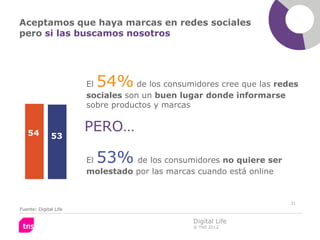 Aceptamos que haya marcas en redes sociales
pero si las buscamos nosotros




                       El54%       de los consumidores cree que las redes
                       sociales son un buen lugar donde informarse
                       sobre productos y marcas


   54
                       PERO…
              53


                       El53%     de los consumidores no quiere ser
                       molestado por las marcas cuando está online


                                                                       31
Fuente: Digital Life

                                                Digital Life
                                                © TNS 2012
 