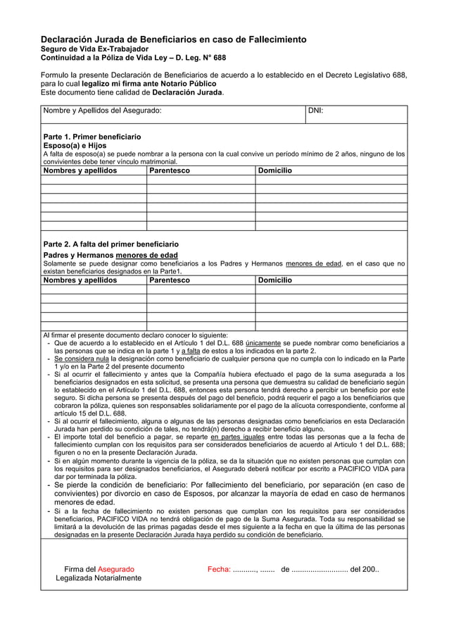 VIDA LEY Declaraci n Jurada de Beneficiarios en caso de fallecimiento 