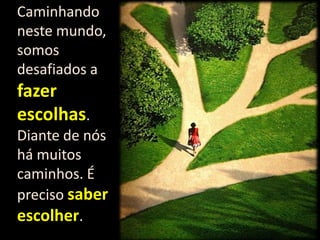 Caminhando
neste mundo,
somos
desafiados a

fazer
escolhas.
Diante de nós
há muitos
caminhos. É
preciso saber
escolher.

 