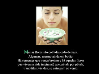 Muitas flores são colhidas cedo demais.
        Algumas, mesmo ainda em botão.
Há sementes que nunca brotam e há aquelas flores
que vivem a vida inteira até que, pétala por pétala,
    tranqüilas, vividas, se entregam ao vento.
 