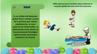 Es un reflejo del bienestar
global físico, mental y social
de la persona que rebasa
ampliamente, la mera
ausencia de enfermedad. La
salud puede variar desde un
funcionamiento fisiológico
optimo hasta situaciones
próximas a la muerte.
Salud
OMS expresa que el termino salud conforma el
conjunto global bio-sico-social de la persona
 