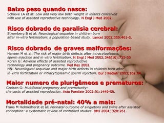 Risco dobrado   de graves malformaç ões : Hansen M et al:  The risk of major birth defects after intracytoplasmic  sperm injection and in vitro fertilisation .   N Engl J Med 2002;346(10):725-30 Koren G:  Adverse effects of assisted reproductive  technology and pregnancy outcome .   Ped Res 2002. NN:  Neurological sequelae and major birth defects in children born after  in-vitro fertilization or intracytoplasmic sperm injection .   Eur J Pediatr 2003;162:64 . Risco dobrado de paralisia cerebral:   Stromberg B et al:  Neurological sequelae in children born  after in-vitro fertilisation: a population-based study .   Lancet 2002;359:461-5. Baixo peso quando nasce: Schieve LA et al:  Low and very low birth weight in infants conceived  with use of assisted reproductive technology .   N Engl J Med 2002. Maior numero de plurigêmeos e prematuros: Greisen G:  Multifoetal pregnancy and prematurity:  the costs of assisted reproduction .   Acta Paediatr 2002;91:1449-50. Mortalidade pré-natal: 40% a mais:   Frans M Helmerhorst et al:  Perinatal outcome of singletons and twins after assisted  conception: a systematic review of controlled studies .   BMJ 2004; 328:261. 