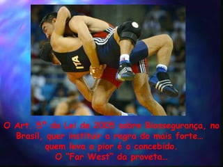 O Art. 5º da Lei de 2005 sobre Biossegurança , no Brasil, quer instituir a regra do mais forte …  quem leva a pior é o concebido. O “Far West” da proveta… 