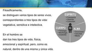 Filosóficamente,
se distinguen varios tipos de seres vivos,
correspondientes a tres tipos de vida:
vegetativa, sensitiva e intelectiva.
En el hombre se
dan los tres tipos de vida, física,
emocional y espiritual, pero, como es
natural, dentro de una misma y única vida.
 