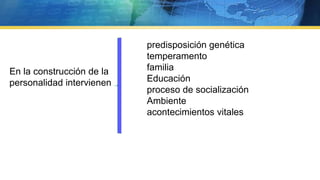 En la construcción de la
personalidad intervienen
predisposición genética
temperamento
familia
Educación
proceso de socialización
Ambiente
acontecimientos vitales
 