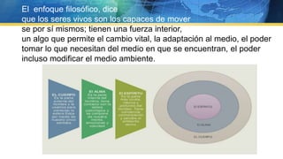 El enfoque filosófico, dice
que los seres vivos son los capaces de mover
se por sí mismos; tienen una fuerza interior,
un algo que permite el cambio vital, la adaptación al medio, el poder
tomar lo que necesitan del medio en que se encuentran, el poder
incluso modificar el medio ambiente.
 