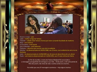 Rosana e Jorge – pais
Lydia – melhor amiga de Tatiana
Tubarão – cidade onde Tatiana morava por estar cursando faculdade de medicina
Rosa – avó materna
Lú (Luciana) – irmã caçula
Jacy e Eduardo – avós paternos
Thommy – cãozinho que morreu com ela no acidente
Silvinha – tia desencarnada em 04/05/1986, aos 19 anos, num acidente de carro na via
Anchieta
Ivete – tia desencarnada em 22/06/2005 aos 44 anos em decorrência de um câncer
Paulo – avô materno desencarnado em 12/05/1991, aos 57 anos vítima de infarto

           Ao fim da reunião, o nome de Tatiana Madjarof foi anunciado e
  a mensagem psicografada foi entregue à sua mãe... Ainda assim, a dor pela perda da
            filha tão jovem, tão cheia de vida e sonhos ainda era enorme...

          Foi então que uma 2ª mensagem aconteceu – Veja alguns trechos:
 