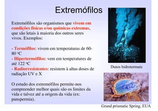 Extremófilos
Extremófilos são organismos que vivem em
condições físicas e/ou químicas extremas,
que são letais à maioria dos outros seres
vivos. Exemplos:

- Termófilos: vivem em temperaturas de 60-
80 oC
- Hipertermófilos: vem em temperatures de
até 122 oC
                                                      Dutos hidrotermais
- Radiorresistentes: resistem à altas doses de
radiação UV e X

O estudo dos extremófilos permite-nos
compreender melhor quais são os limites da
vida e talvez até a origem da vida (ex:
panspermia).
                                                 Grand prismatic Spring, EUA
 