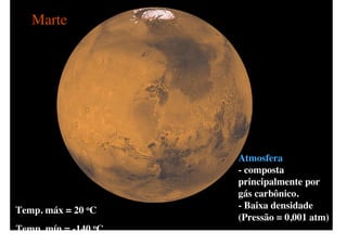 Marte




                      Atmosfera
                      - composta
                      principalmente por
                      gás carbônico.
Temp. máx = 20 oC     - Baixa densidade
                      (Pressão = 0,001 atm)
Temp. mín = -140 oC
 