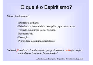 O que é o Espiritismo?
Pilares fundamentais:

         - Existência de Deus
         - Existência e imortalidade do espírito, que encerraria a
           verdadeira natureza do ser humano
         - Reencarnação
         - Evolução
         - Pluralidade dos mundos habitados


“Não há fé inabalável senão aquela que pode olhar a razão face a face
          em todas as épocas da humanidade.”

                            Allan Kardec, Evangelho Segundo o Espiritismo, Cap. XIX
 