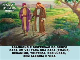 ABANDONO E DISPERSÃO DO GRUPOABANDONO E DISPERSÃO DO GRUPO
CADA UM VAI PARA SUA CASA (EMAÚS)CADA UM VAI PARA SUA CASA (EMAÚS)
DESÂNIMO, TRISTEZA, DESILUSÃO,DESÂNIMO, TRISTEZA, DESILUSÃO,
SEM ALEGRIA E VIDASEM ALEGRIA E VIDA
APÓS OAPÓS O
3º DIA DA3º DIA DA
MORTEMORTE
 