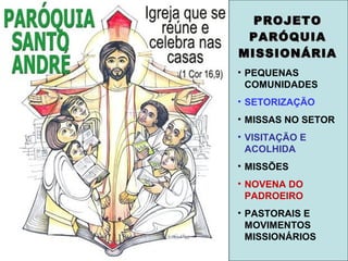 PROJETOPROJETO
PARÓQUIAPARÓQUIA
MISSIONÁRIAMISSIONÁRIA
• PEQUENAS
COMUNIDADES
• SETORIZAÇÃO
• MISSAS NO SETOR
• VISITAÇÃO E
ACOLHIDA
• MISSÕES
• NOVENA DO
PADROEIRO
• PASTORAIS E
MOVIMENTOS
MISSIONÁRIOS
 