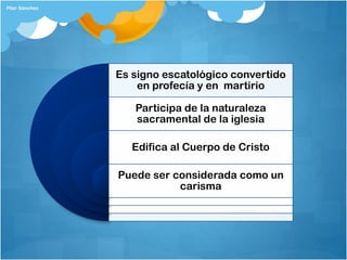 Pilar Sánchez
Es signo escatológico convertido
en profecía y en martirio
Participa de la naturaleza
sacramental de la iglesia
Edifica al Cuerpo de Cristo
Puede ser considerada como un
carisma
 
