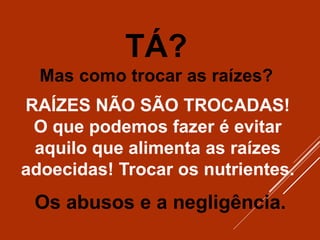 TÁ?
Mas como trocar as raízes?
RAÍZES NÃO SÃO TROCADAS!
O que podemos fazer é evitar
aquilo que alimenta as raízes
adoecidas! Trocar os nutrientes.
Os abusos e a negligência.
 