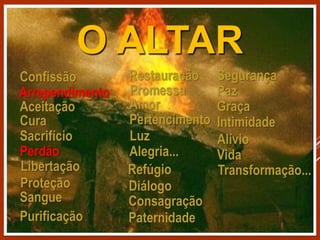 Aceitação
Libertação
Confissão
Proteção
Arrependimento
Cura
Sacrifício
Perdão
Sangue
Purificação
Restauração
Promessa
Amor
Pertencimento
O ALTAR
Luz
Alegria...
Refúgio
Diálogo
Consagração
Paternidade
Segurança
Paz
Graça
Intimidade
Alívio
Vida
Transformação...
 