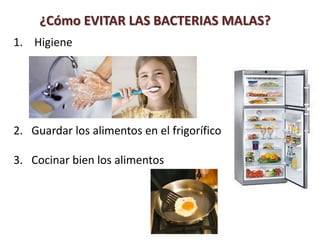 1. Higiene
2. Guardar los alimentos en el frigorífico
3. Cocinar bien los alimentos
¿Cómo EVITAR LAS BACTERIAS MALAS?
 