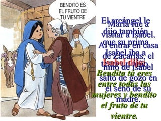 El arcángel leEl arcángel le
dijo tambiéndijo también
que su primaque su prima
Isabel iba aIsabel iba a
tener un niño.tener un niño.
María fue aMaría fue a
visitar a Isabel.visitar a Isabel.
Al entrar en casaAl entrar en casa
de Zacarías, elde Zacarías, el
niño de Isabelniño de Isabel
saltó de gozo ensaltó de gozo en
el seno de suel seno de su
madre.madre.
Isabel dijo:Isabel dijo:
Bendita tú eresBendita tú eres
entre todas lasentre todas las
mujeres y benditomujeres y bendito
el fruto de tuel fruto de tu
vientre.vientre.
 