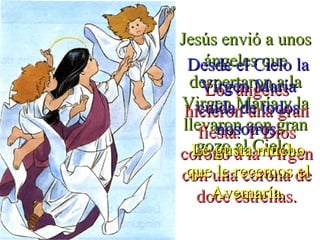 Jesús envió a unosJesús envió a unos
ángeles queángeles que
despertaron a ladespertaron a la
Virgen María y laVirgen María y la
llevaron con granllevaron con gran
gozo al Cielo.gozo al Cielo.
Los ángelesLos ángeles
hicieron una granhicieron una gran
fiesta. Y Diosfiesta. Y Dios
coronó a la Virgencoronó a la Virgen
con una corona decon una corona de
doce estrellas.doce estrellas.
Desde el Cielo laDesde el Cielo la
Virgen MaríaVirgen María
cuida de todoscuida de todos
nosotros.nosotros.
Le gusta muchoLe gusta mucho
que le recemos elque le recemos el
Avemaría.Avemaría.
 