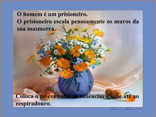 O homem é um prisioneiro.
O prisioneiro escala penosamente os muros da
sua masmorra.
Coloca o pé em todas as saliências e sobe até ao
respiradouro.
 