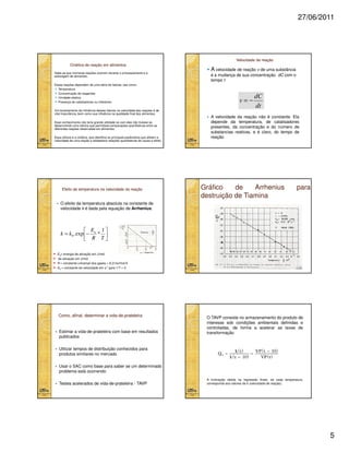 27/06/2011

Velocidade de reação
Cinética de reação em alimentos
Sabe-se que inúmeras reações ocorrem durante o processamento e a
estocagem de alimentos;
Essas reações dependem de uma série de fatores, tais como:
Temperatura
Concentração de reagentes
Umidade relativa
Presença de catalisadores ou inibidores
Um levantamento da influência desses fatores na velocidade das reações é de
vital importância, bem como sua influência na qualidade final dos alimentos;
Esse conhecimento não teria grande utilidade se com eles não tivesse se
desenvolvido uma ciência que permitisse comparações quantitativas entre as
diferentes reações observadas em alimentos;
Essa ciência é a cinética, que identifica os principais parâmetros que afetam a
velocidade de uma reação e estabelece relações quantitativas de causa e efeito.

Efeito da temperatura na velocidade da reação

A velocidade de reação v de uma substância
é a mudança de sua concentração dC com o
tempo t

v=−

dC
dt

A velocidade da reação não é constante. Ela
depende da temperatura, de catalisadores
presentes, da concentração e do número de
substancias reativas, e é claro, do tempo de
reação

Gráfico
de
Arrhenius
destruição de Tiamina

para

O efeito da temperatura absoluta na constante de
velocidade k é dada pela equação de Arrhenius:

 E 1
k = k 0 . exp − a * 
 R T
Ea= energia de ativação em J/mol
de ativação em J/mol
R = constante universal dos gases = 8,314J/mol.K
K0 = constante de velocidade em s-1 para 1/T = 0

Como, afinal, determinar a vida-de-prateleira
vida-de-

Estimar a vida-de-prateleira com base em resultados
publicados

O TAVP consiste no armazenamento do produto de
interesse sob condições ambientais definidas e
controladas, de forma a acelerar as taxas de
transformação

Utilizar tempos de distribuição conhecidos para
produtos similares no mercado
Usar o SAC como base para saber se um determinado
problema está ocorrendo
Testes acelerados de vida-de-prateleira - TAVP

A inclinação obtida na regressão linear, de cada temperatura,
corresponde aos valores de k (velocidade de reação).

5

 