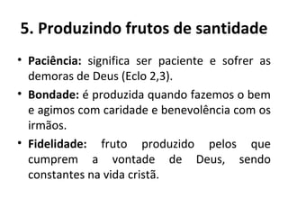Paciência:  significa ser paciente e sofrer as demoras de Deus (Eclo 2,3). Bondade:  é produzida quando fazemos o bem e agimos com caridade e benevolência com os irmãos. Fidelidade:  fruto produzido pelos que cumprem a vontade de Deus, sendo constantes na vida cristã. 5. Produzindo frutos de santidade 
