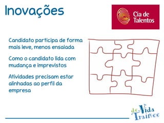 Inovações
Candidato participa de forma
mais leve, menos ensaiada

Como o candidato lida com
mudança e imprevistos
Atividades precisam estar
alinhadas ao perfil da
empresa
 