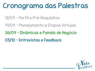 Cronograma das Palestras
12/09 – Perfil e Pré-Requisitos
19/09 – Planejamento e Etapas Virtuais
26/09 – Dinâmicas e Painéis de Negócio
03/10 – Entrevistas e Feedback
 