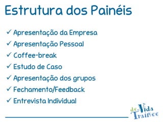 Estrutura dos Painéis
 Apresentação da Empresa
 Apresentação Pessoal
 Coffee-break
 Estudo de Caso
 Apresentação dos grupos
 Fechamento/Feedback
 Entrevista Individual
 
