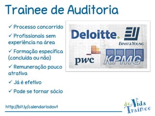 Trainee de Auditoria
  Processo concorrido
  Profissionais sem
 experiência na área
  Formação específica
 (concluída ou não)
  Remuneração pouco
 atrativa
  Já é efetivo
  Pode se tornar sócio

http://bit.ly/calendariodovt
 