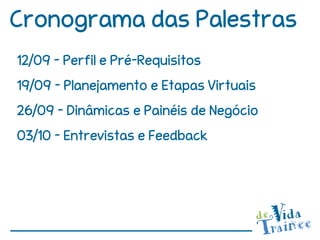 Cronograma das Palestras
12/09 – Perfil e Pré-Requisitos
19/09 – Planejamento e Etapas Virtuais
26/09 – Dinâmicas e Painéis de Negócio
03/10 – Entrevistas e Feedback
 
